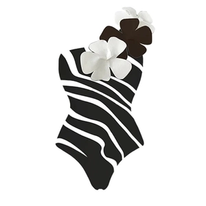 Retro zebra stripe one-piece swimsuit with chic shoulder flower details for women