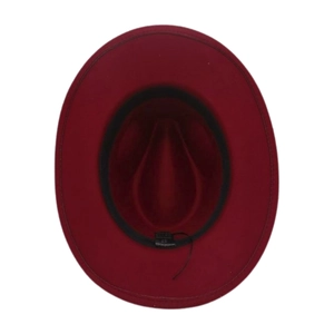Detail view of burgundy felt cowboy hat interior with 57cm size label on black sweatband