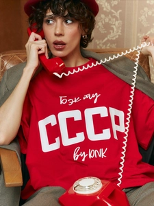 T-Shirt Femmes CCCP Imprimé Lettres Coton Manches Courtes Col Rond Rétro Oversize Style Boyfriend Haut Décontracté