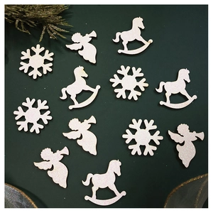 Glittery white Christmas wooden cutouts of snowflakes and angels for DIY floral decor