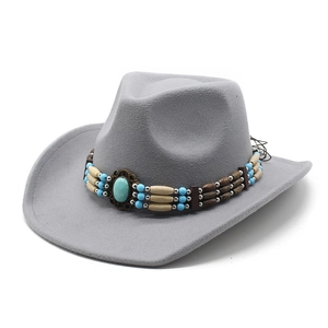 Chapeau de cowboy classique en feutre gris clair avec ruban ethnique orné de turquoise