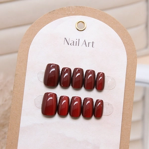 Handmade Press On Nails Dark Red Cat Eye Glossy Short Square Round Fake Nails Reusable Manicure Art
