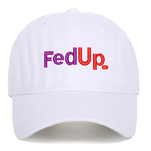 Detailed close-up of colorful FedUp embroidery on a white cotton baseball cap