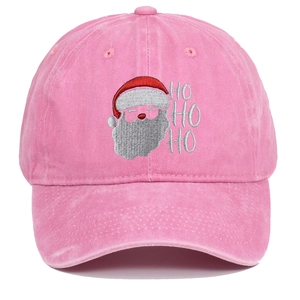 Detail of pink washed cotton baseball cap with Santa Claus and HO HO HO embroidery