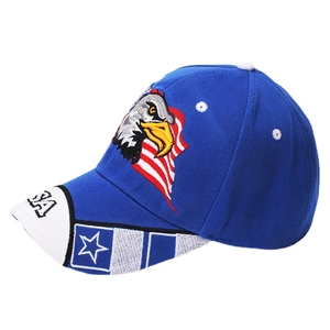 Navy blue baseball cap with embroidered eagle and USA flag logo on a white background