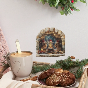 3D Christmas mouse hole wall sticker showing mice sharing a cake by a coffee tray