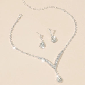 Sparkling silver waterdrop rhinestone necklace and earrings bridal jewelry set for women