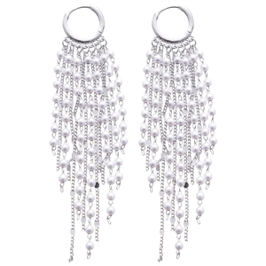Elegant 18k gold plated long fringe earrings with white pearls and silver chains