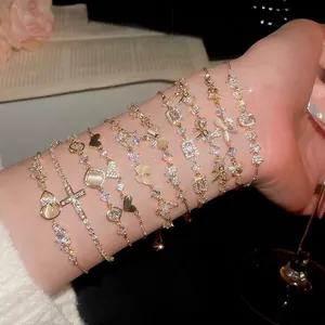 Adjustable Bolo Bracelet Gold Plated Copper With Zircon And Cat Eye Stone Butterfly Heart Cross Design For Women