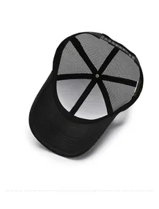Internal view of black mesh baseball cap showing sweatband and adjustable buckle
