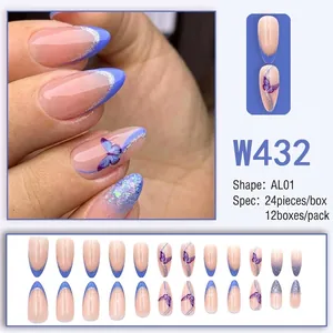 W432 almond press-on nails set with blue French tips, silver glitter, and butterfly motifs