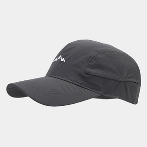 Close-up of mountain embroidery and quick-dry fabric texture on dark grey outdoor cap