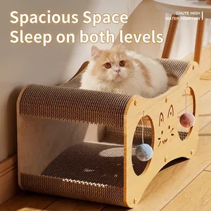 Double-layer wooden cat scratching house with cardboard pads and hanging toy balls