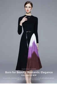 Détail d'une élégante robe en maille noire avec jupe plissée dégradée violette et ceinture