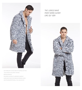 Detailed view of long faux fur coat for men featuring black leopard spots on white fabric