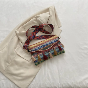 Close-up of bohemian woven crossbody bag with vibrant geometric patterns and colorful tassels