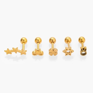 Golden 316L stainless steel stud earrings set with star, clover, and rabbit shapes