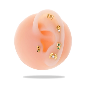 Detailed view of gold cartilage studs with zircon floral and winged heart designs
