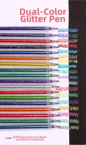 Dual-color glitter gel pens showing different sparkling effects on black and white paper
