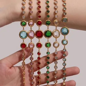 Elegant Stainless Steel Bracelet With Round Colorful Czech Glass Gold Plated Luxury Fashion Jewelry For Women