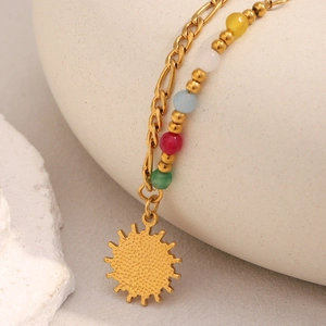 Double-layered 18K gold plated stainless steel bracelet with colored beads and sun pendant