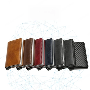 Detailed view of automatic pop-up RFID card holder in various colors and carbon fiber textures