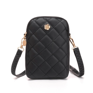 Quilted black leather phone bag with gold rose ornament and top zipper closure