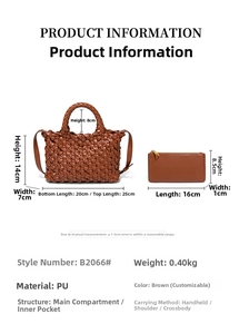 Detailed size specifications and brown woven texture view of the PU leather tote set