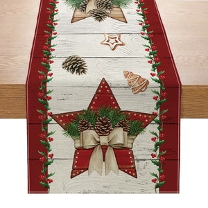 Christmas table runner with stars and gingerbread prints on red and beige wood pattern