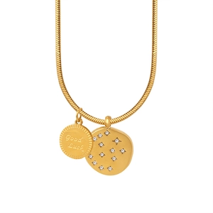 Gold snake chain necklace with Good Luck round disk and zircon star pendants