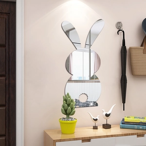 Silver bunny acrylic mirror wall sticker on beige wall in cozy hallway interior decor