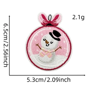 Detailed view of pink Christmas snowman embroidery patch showing 6.5cm size and 2.1g weight