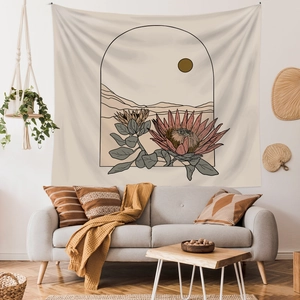 Bohemian tapestry with protea flower line art in modern arch frame wall decor