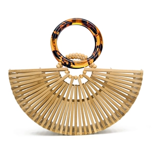 Bamboo Woven Handbag Acrylic Round Handle Hollow Out Semi Circle Retro Summer Beach Vintage Vacation Bag For Women