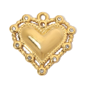 Macro shot of gold-plated heart pendant with sparkling diamonds on a white background