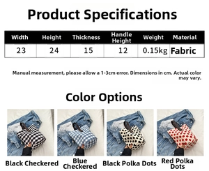 Size guide for canvas bucket bag showing dimensions and patterns in four colors