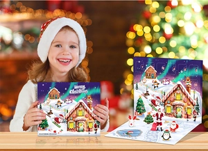 Girl holding a Christmas Advent Calendar with 24 surprises and festive holiday theme