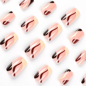 Brown wave pattern medium-length press-on nails in soft nude and artistic swirls