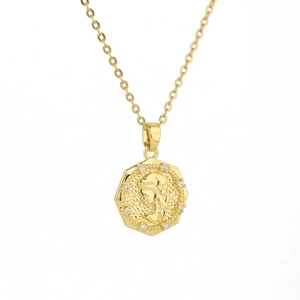 Octagon coin pendant necklace featuring a princess relief with 18k gold plating and zircons