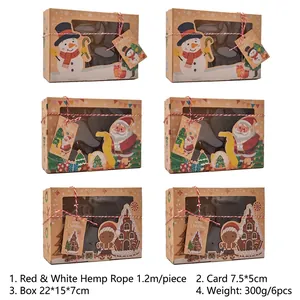 Detailed set of 6 Christmas kraft paper gift boxes with window, twine, and festive gift tags