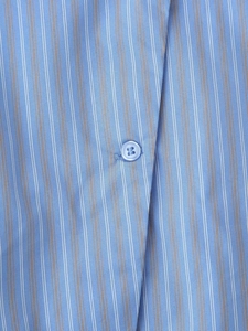 Macro shot of blue vertical stripe fabric and a matching four-hole resin button detail