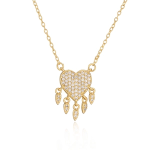 Elegant gold heart pendant necklace with shimmering zircon water drop fringe details