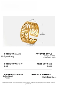 Detail view of adjustable gold stainless steel leaf ring showing 0.9cm width and 1.8cm diameter
