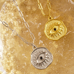 Evil Eye Coin Pendant Necklace Stainless Steel Paperclip Chain Irregular Round Charm Jewelry For Women Vintage Boho Style