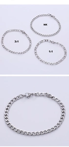 Detailed comparison of silver stainless steel NK, 3:1, and 1:1 lobster clasp chain link textures