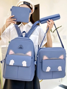 Blue four-piece school backpack set featuring cute cat ears and paw prints for students