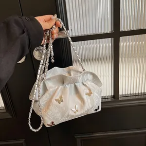 Women Pleated Cloud Bag PU Leather Crossbody Shoulder Pouch With Silver Butterfly Decor And Metal Chain Strap