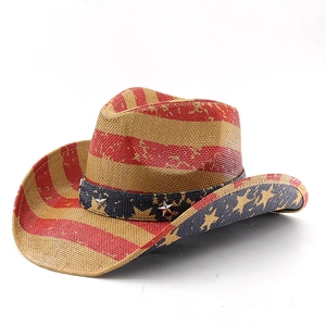 Distressed American flag straw cowboy hat with metallic star studs and striped brim