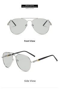 Macro view of silver pilot sunglasses with photochromic lenses and gold leg accents