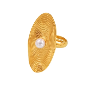 Adjustable golden ripple texture stainless steel ring with elegant white pearl inlay